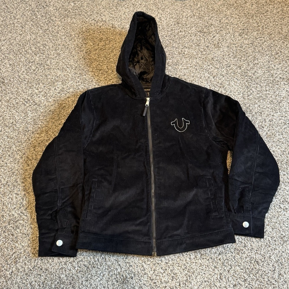 True Religion Hooded Vintage Corduroy Jet Black Jacket Zip Mens Size Medium NWT - Picture 1 of 6
